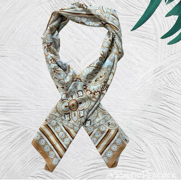 Boho Floral Abstract Necktie Scarf Women's 60” Tan Blue Multicolor Sheer - Picture 3 of 5